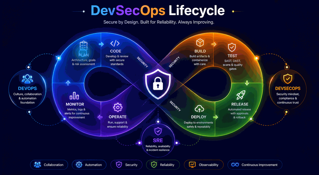 Animated DevSecOps lifecycle diagram showing plan, code, build, test, release, deploy, operate and monitor stages with DevOps, DevSecOps and SRE focus areas